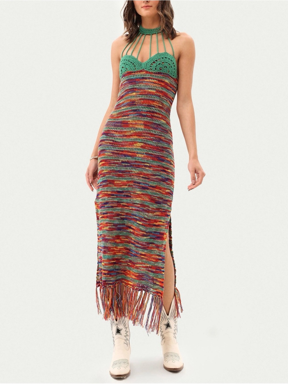 Cider Crochet Multicolor Midi Dress with Green Yoke | Size Small - Picture 3 of 11